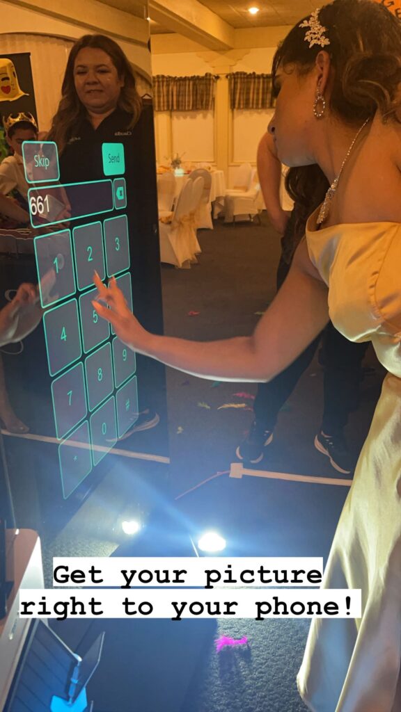 Step into Your Reflection: Rent Our 6-Foot Mirror X Photobooth with Touchscreen and Customized Animations for Your Next Party!